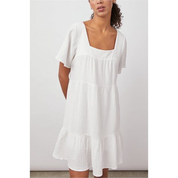 Rails Valentina White Cotton Gauze Square Neck Tiered Mini Dress - Picture 2 of 11